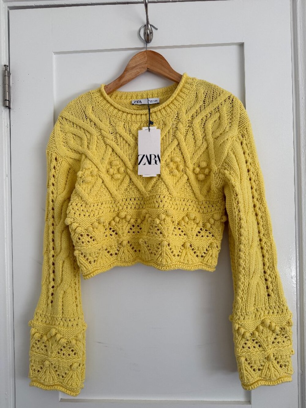 Zara Yellow Pom Pom Cable Knit Crochet Cropped Sweater NWT M RN 77302